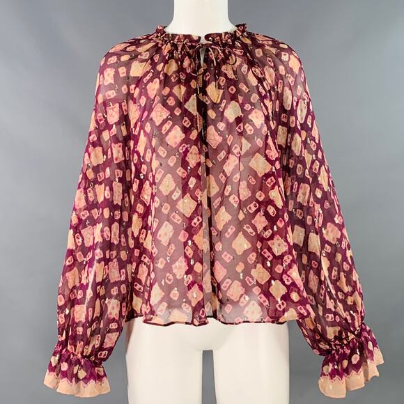 ULLA JOHNSON Size 4 Purple Yellow Silk Blend Abstract Bishop Sleeve Casual Top - Picture 1 of 9